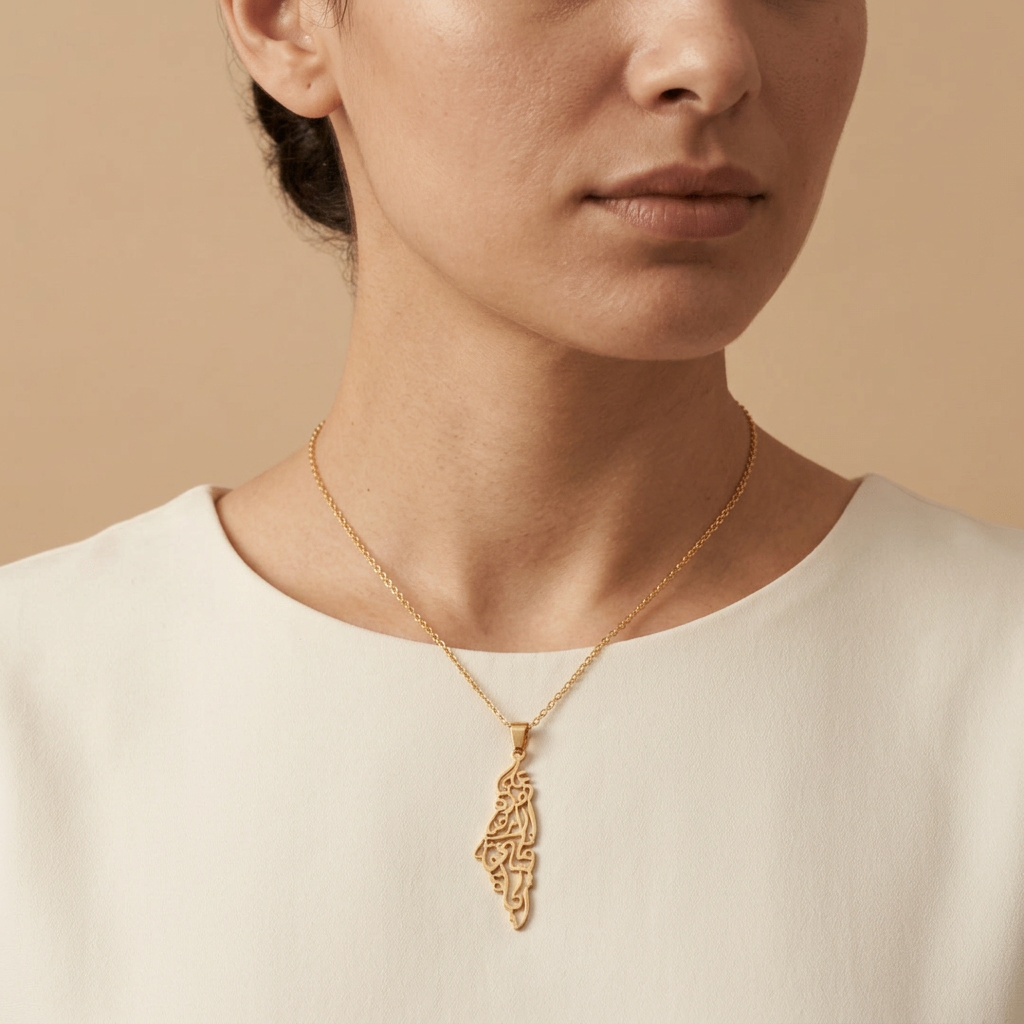 Noor Palestine Calligraphy Map Necklace