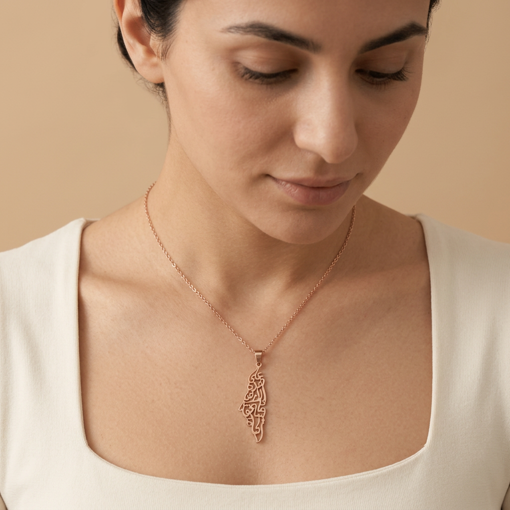 Noor Palestine Calligraphy Map Necklace