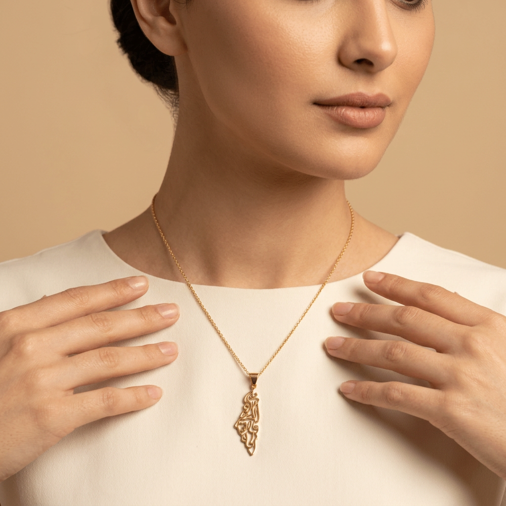 Noor Palestine Calligraphy Map Necklace