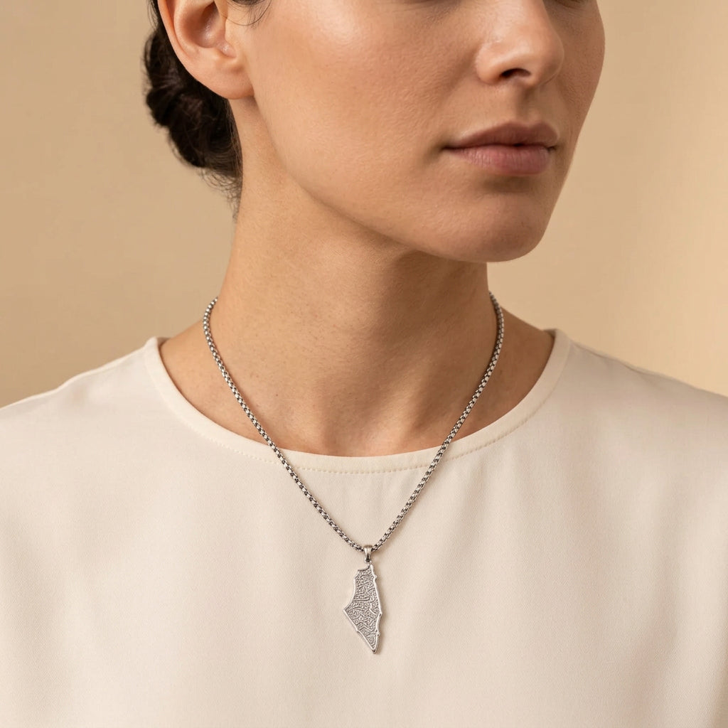 Palestine Map Arabic Calligraphy Necklace