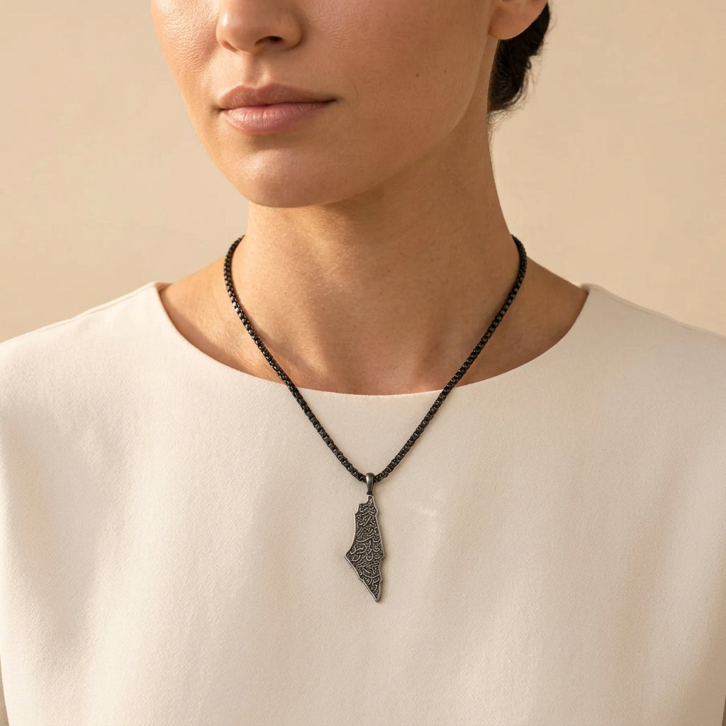 Palestine Map Arabic Calligraphy Necklace