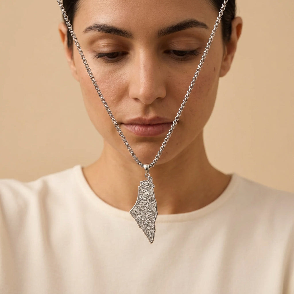 Palestine Map Arabic Calligraphy Necklace