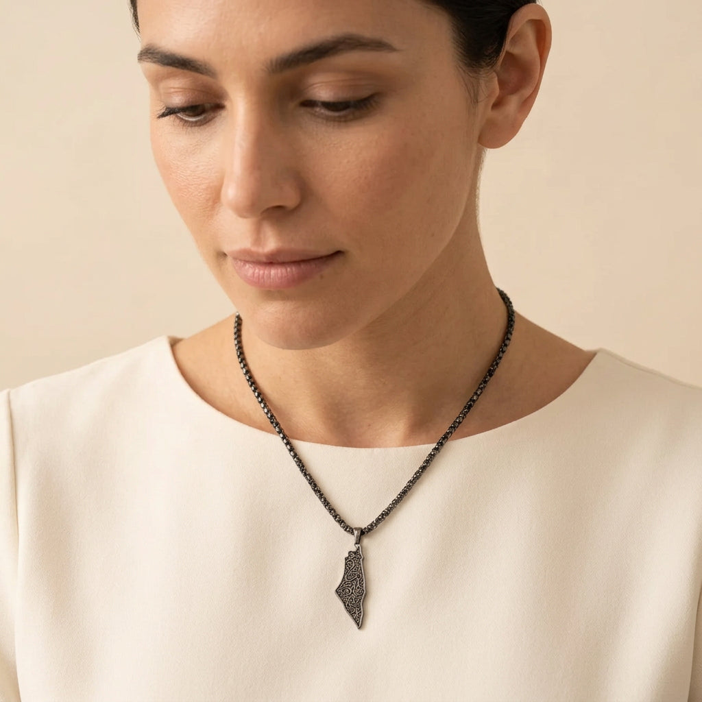 Palestine Map Arabic Calligraphy Necklace